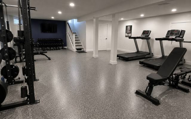 Flake epoxy floor in a basement home gym in Prince George