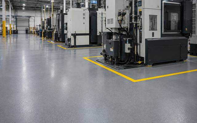 Grey epoxy floor in a manufacturing plant with marked machine bays in Prince George