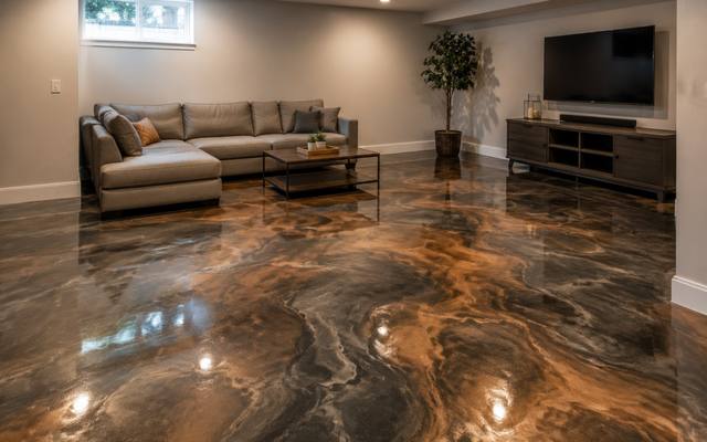 Bronze and copper metallic epoxy floor in a living room in Prince George