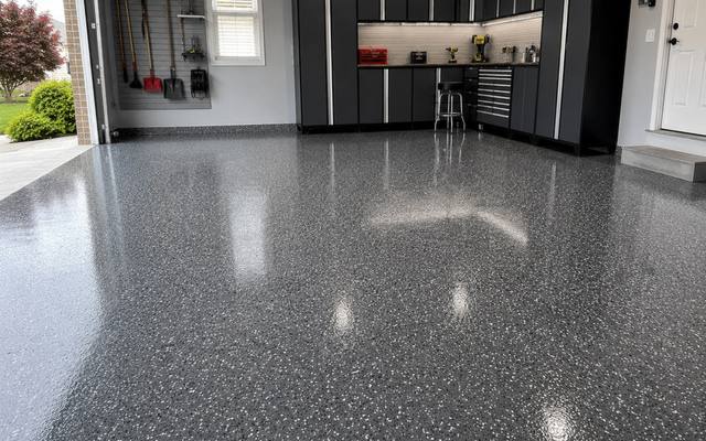Dark grey flake epoxy floor in a garage with storage cabinets in Northern BC