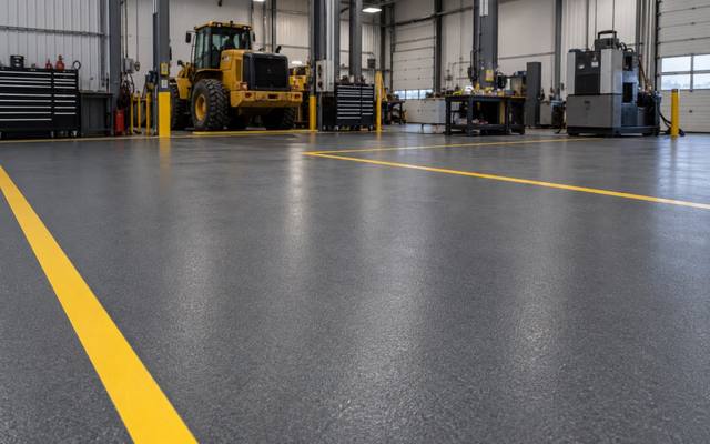 Dark grey shop floor with yellow lines and a loader in Prince George, British Columbia