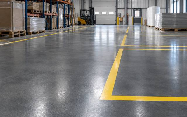 Yellow forklift lane on a grey warehouse floor in Prince George
