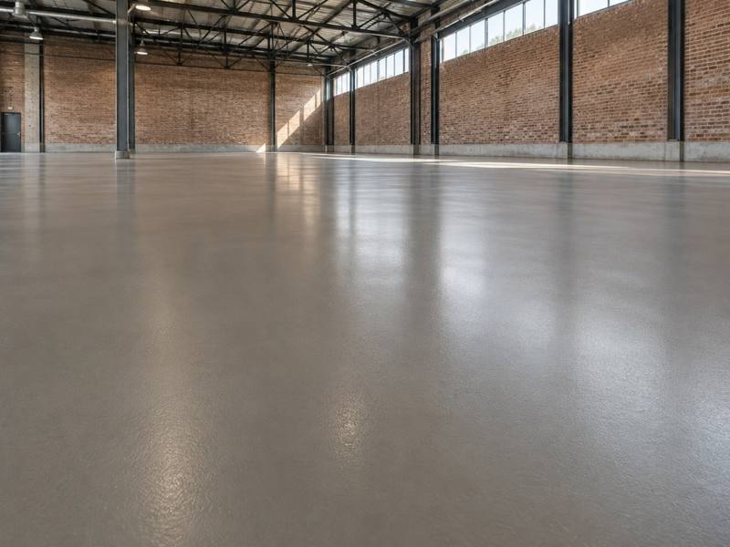 Grey epoxy floor in a daylight warehouse in Northern BC